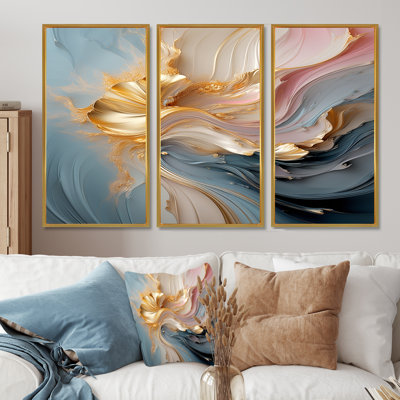 «Fluid Magnificence Pink Gold II», ensemble d'art mural abstrait à encre liquide
