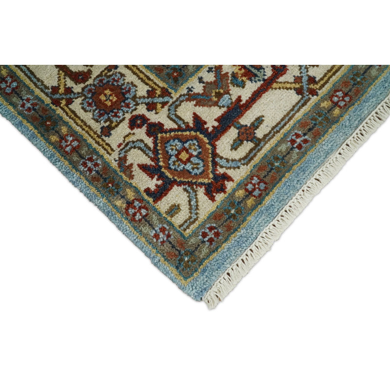 Tapis oriental en laine noué à la main bleu / ivoire / brun / beige Heriz