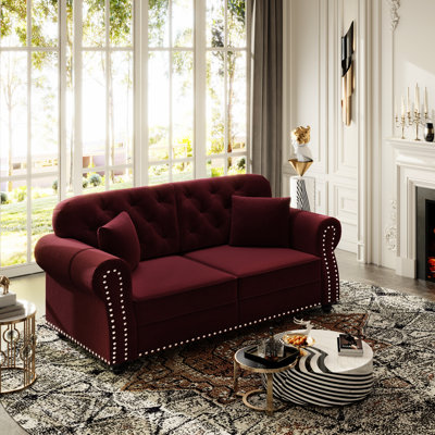 Velours bourgogne 63 po à 2 places, design Mid-Century, garniture cloutée, roulé, bouton, coussins, éponge à ressorts moderne, style, contreplaqué