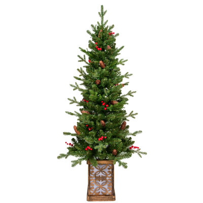 Arbre de Noël vert illuminé 4 pi avec base scintillante - 100 lumières à DEL multicolores, 396 pointes, baies rouges et pommes de pin, branches pleines en PE / PVC, pot lumineux festif