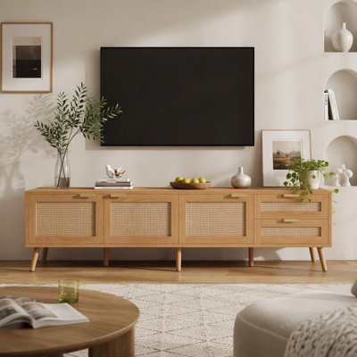 Meuble télé moderne de 70 po avec portes en rotin, console multimédia avec 2 tiroirs et système de gestion des câbles pour salon