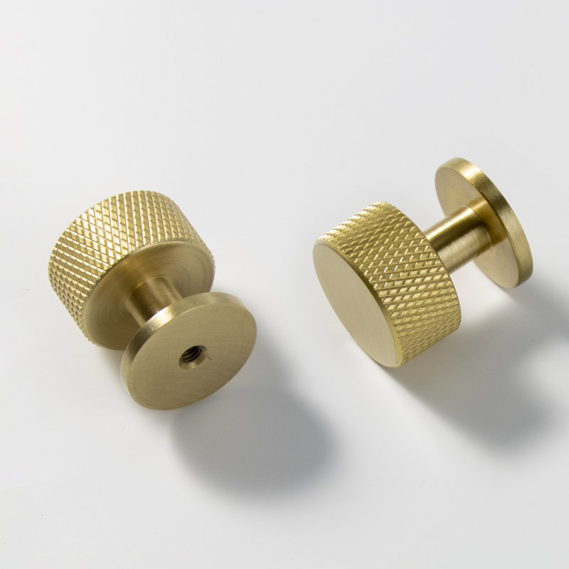 1" Round Black Knurled Knob, Brushed Brass