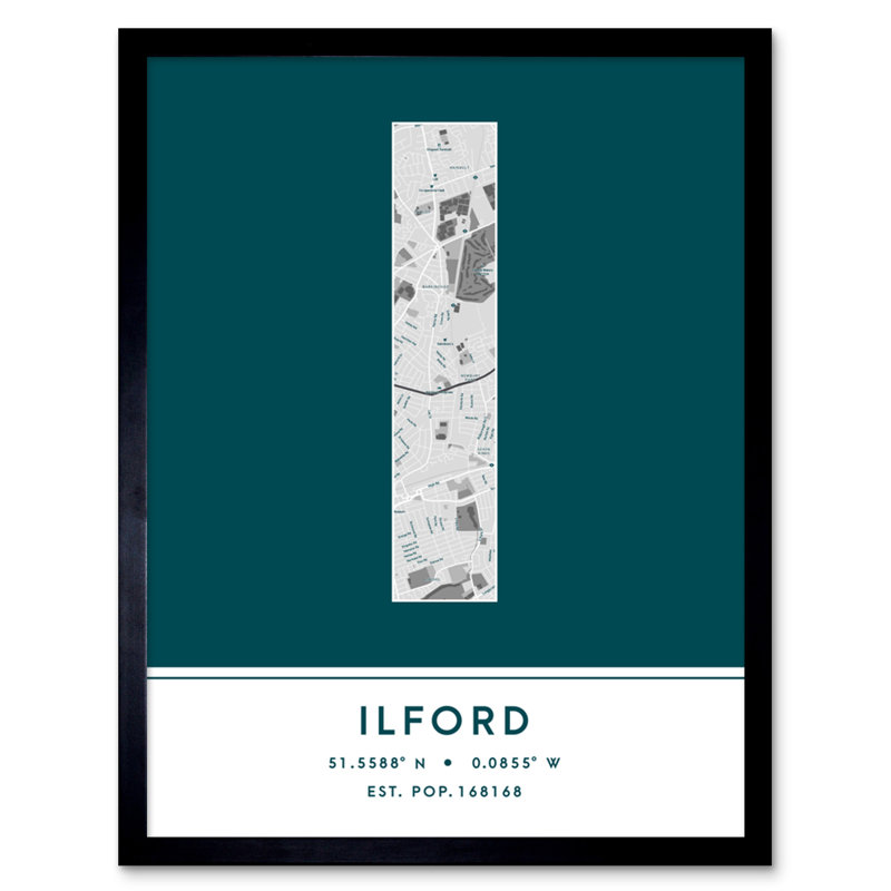 Ilford City Map Ilford Teal - Single Picture Frame Typography