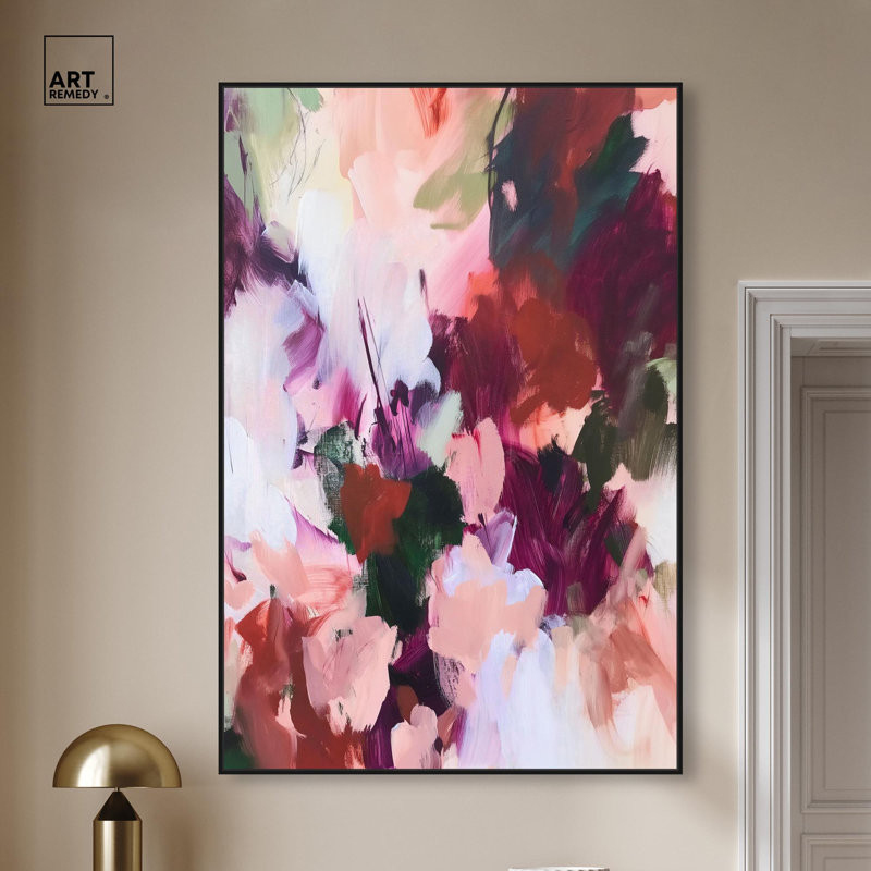 «Adelas Garden I», toile abstraite colorée par , Cadre flottant noir, H 55 po x l 37 po