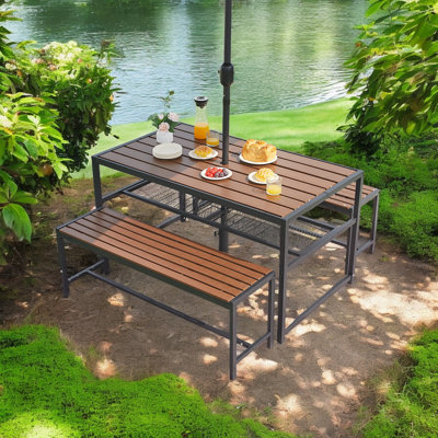Outdoor/indoor HDPE + Metal Frame Patio Dinning Table w/ Benches, Picnic Table Dining Set For 4-6 People
