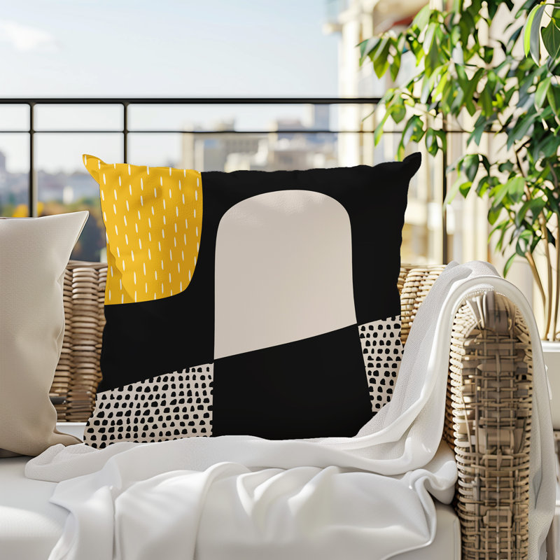 Coussin carré intérieur / extérieur pia, H 17 po x l 17 po, Jaune / noir / blanc cassé