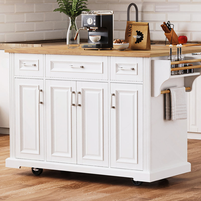 54-inch Large Kitchen Island with Rubber Wood Drop Leaf, Embossed Texture, and Ample Storage on 4 Wheels, Ideal for Modern and Farmhouse Kitchens