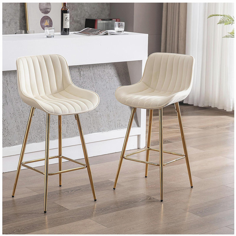Ensemble de tabourets de bar 2 pièces, avec repose-pieds chromé et surface en tissu, fauteuil simple, Beige