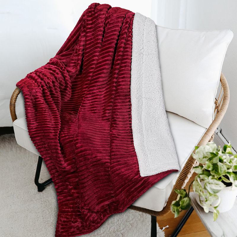 Jeté en molleton ultra doux Sherpa, couverture en microfibre côtelée chaude et confortable pour canapé-lit, Jeté, Vin rouge