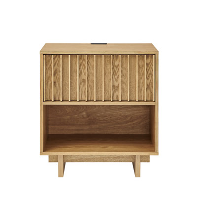 Mid Century Modern Grille Slat Nightstand with Hidden Charging Station USB Ports & Outlet Hole