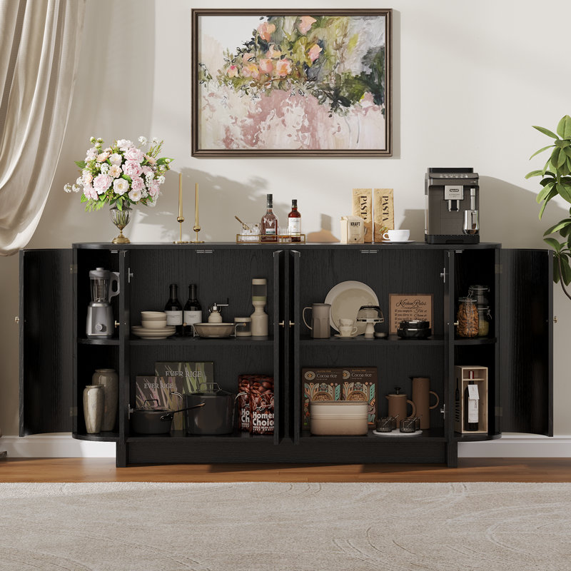 63" Sideboard With Curved Edge, Buffet Cabinet With 2 Curved Doors & 4 Cabinets, Buffet Cabinet With Adjustable Shelves For Dining Room, Living Room