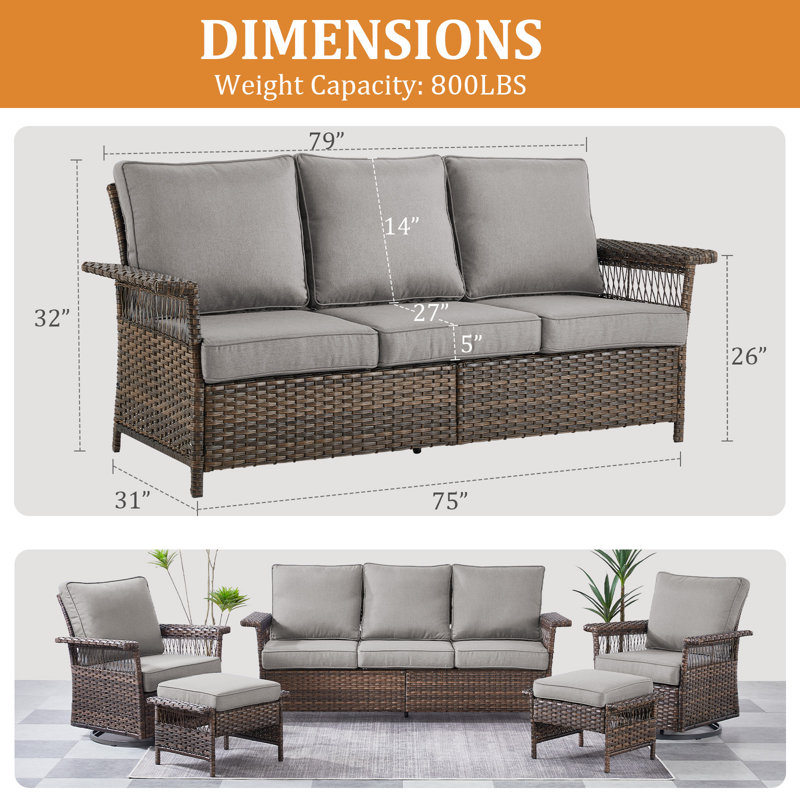 Myrella 78'' Wide PE Wicker Outdoor Patio Sofa with Cushions, Gray