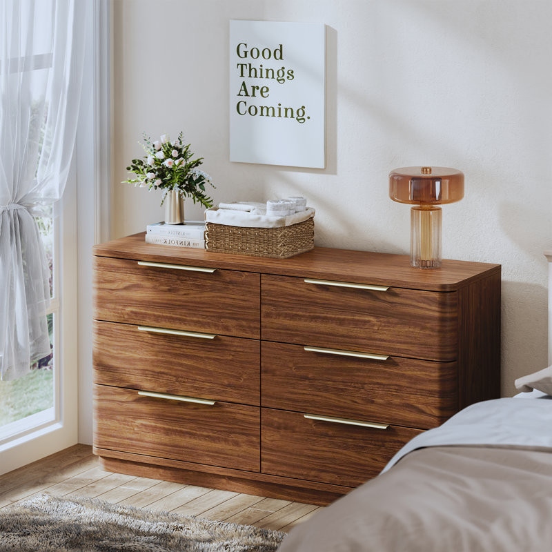Commode 6 tiroirs pour chambre à coucher, commode simplement moderne avec tiroirs profonds pour le salon, couloir d'entrée, noyer