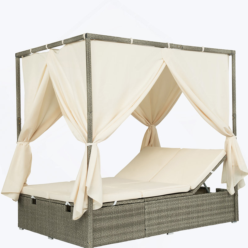 Adjustable Outdoor Sun Lounger With Canopy, Removable Cushion For Patio, Garden And Poolside, Beige