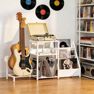 White Record Player Table With Adjustable Guitar Stand And Vinyl Storage For 150 Albums