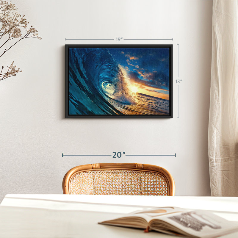 Impression sur toile Ocean Sunset Wave, H 19 po x l 13 po, Cadre flottant noir
