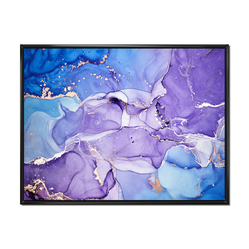 Bleu et mauve abstrait marbre I - peinture sur toile, H 30 po x l 40 po, Cadre flottant noir