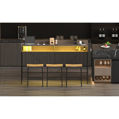 59" Bar Table With 3 Comfortable Chairs, Power Socket, Led , And Storage Function, Made Of High - Quality Materials, For Dining Room Kitchen Console Table, Saddle Stools, Power Socket, Mood , Storage