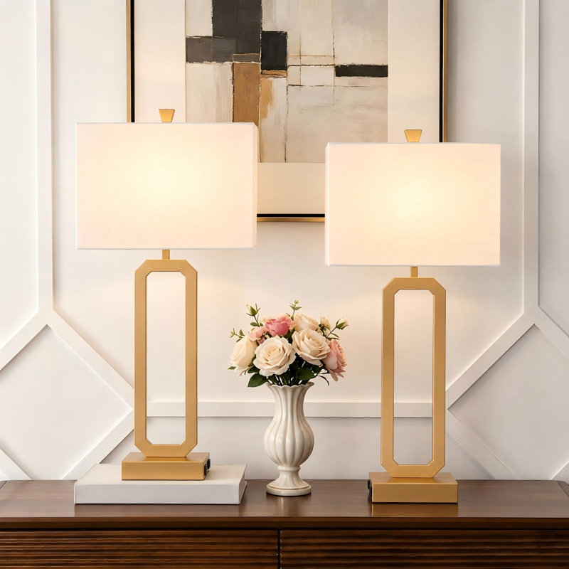 Lampes de table de chevet en métal avec port USB symétrique gauche et droit, ports USB-C, prise CA et base lourde, Doré