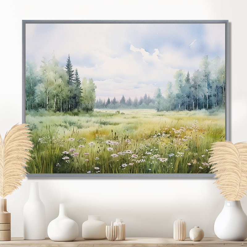 Meadow Scenery Minimalisme V - Art mural prairie, H 24 po x l 32 po x P 1 po, Encadrement argenté