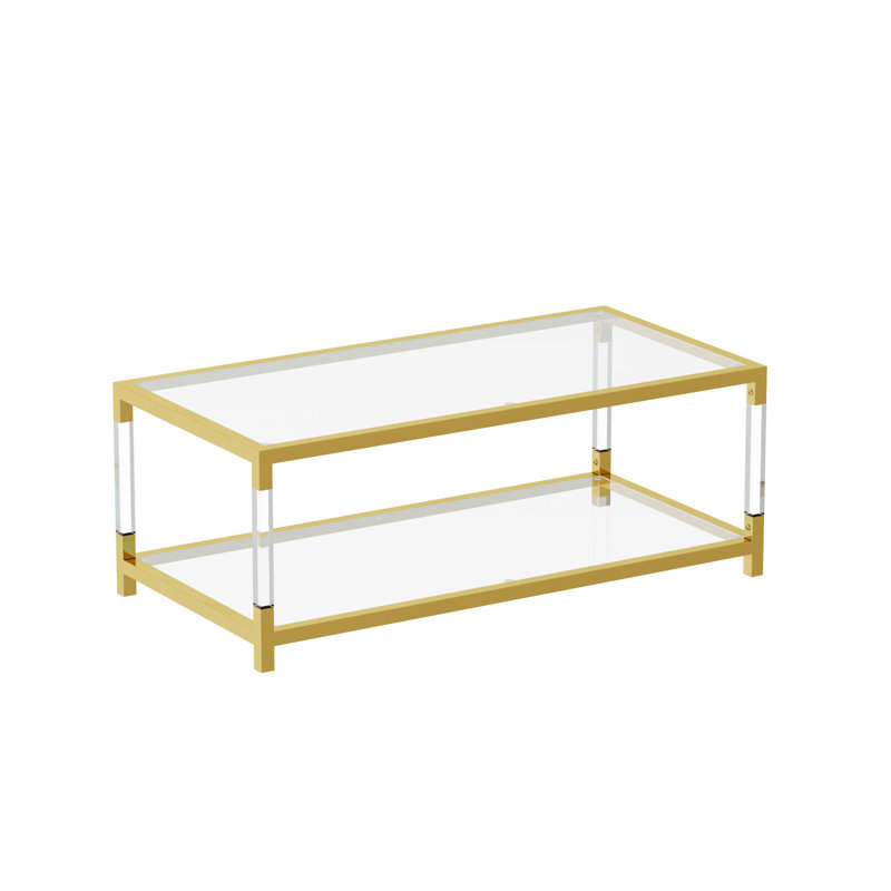 Modern Gold Glass Coffee Table with Acrylic Legs and Storage