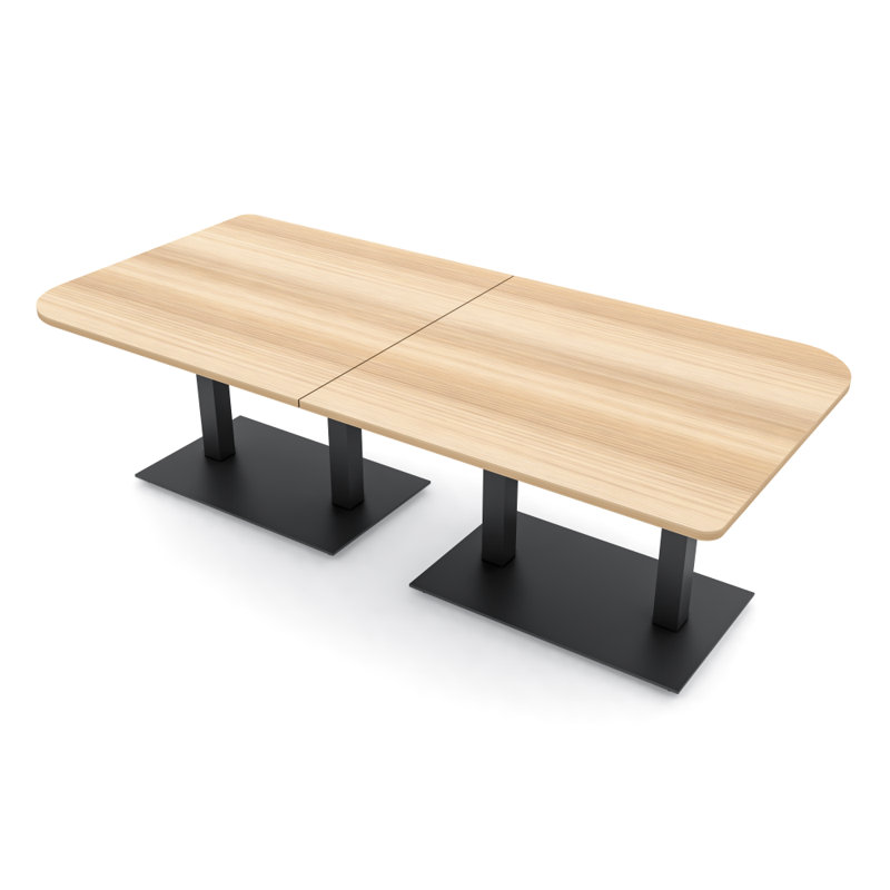 Table de conférence en forme de duo avec double base en métal, L 96 po x l 48 po, Blond blond cendré, Noir mat