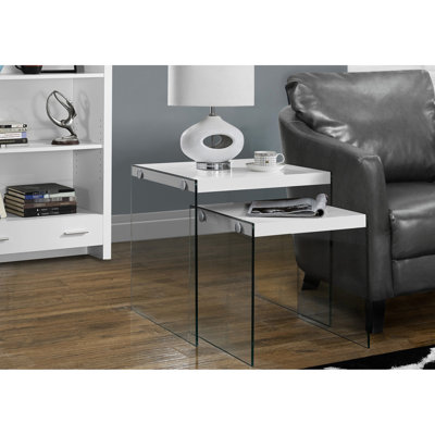 2pcs Nesting Tables, Glossy White Square Tops With Clear Tempered Glass Base, Modern Accent For Bedroom And Living Room Of 2 Tabletops Contemporary End Tables