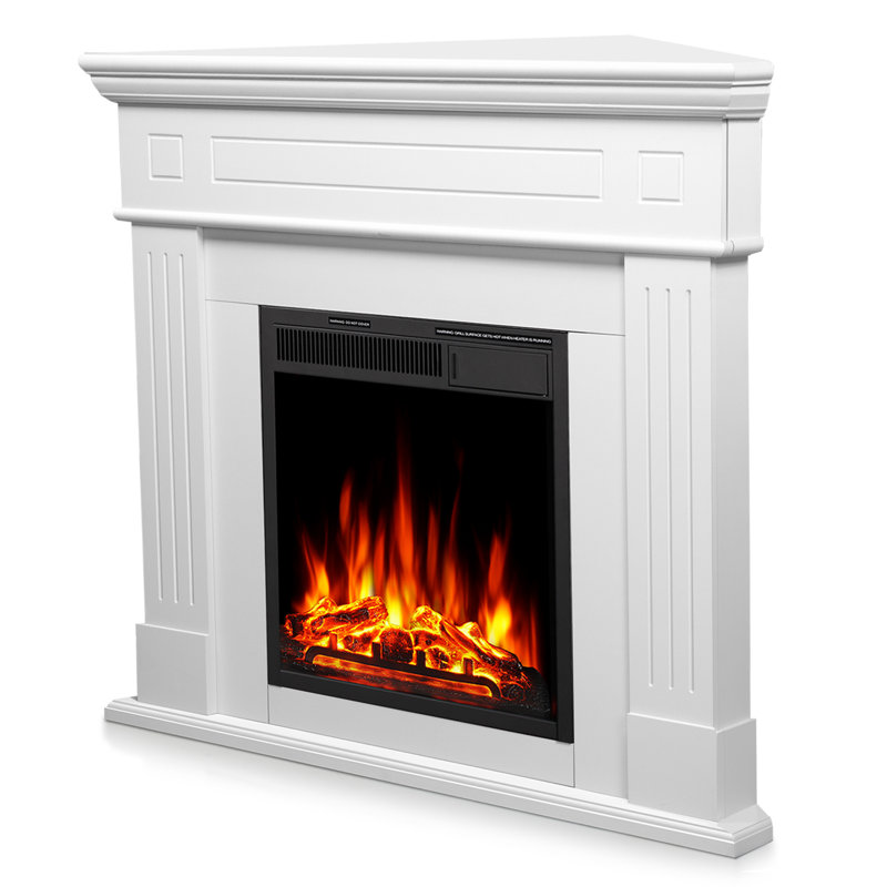 43" Freestanding Black Electric Fireplace Mantel Corner-Fit, 7-Level Brightness Realistic Triangular LED Flame, Remote-Controlled, Overheat Protection, 750W/1500W