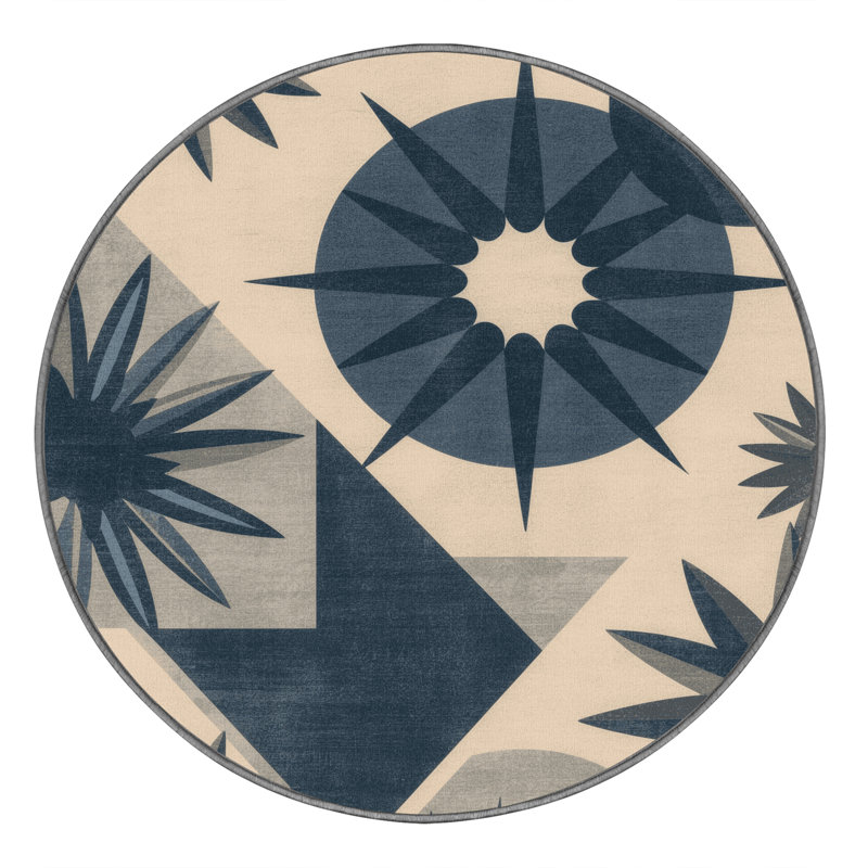 Machine Washable Pantelis Mid-Century Modern Geometric Rug in Gray – Gray Binding, 5' Round
