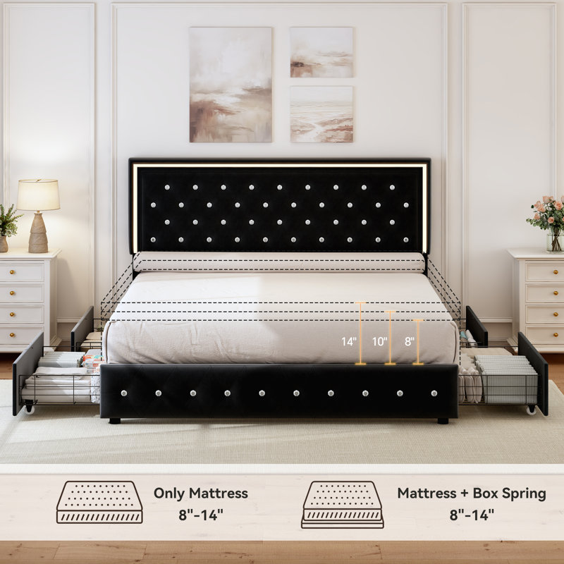 LED Bed Frame with 4 Storage Drawers, Adjustable Height Upholstered Headboard Beds, Queen, Velours noir