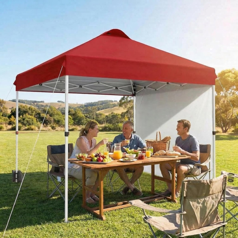 Auvent extérieur 10 x 10 po - Paroi latérale amovible, toit ventilé, tuyau en fer blanc + toile rouge, Blanc, Rouge