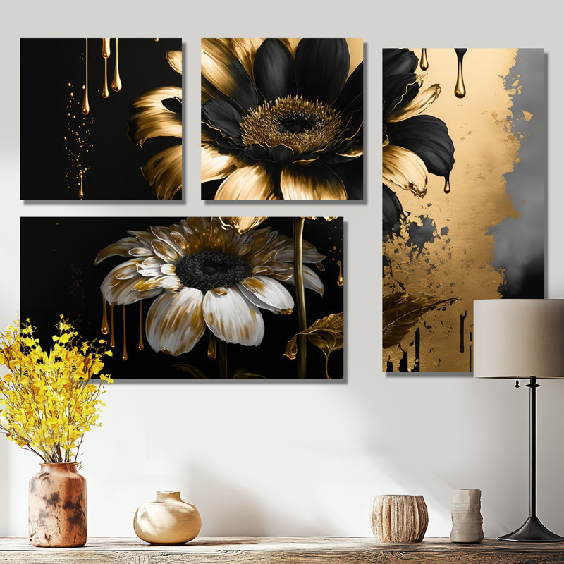 «Black and Gold Daisy II» - art mural traditionnel noir 4 pièces, Toile tendue, Ne s’applique pas