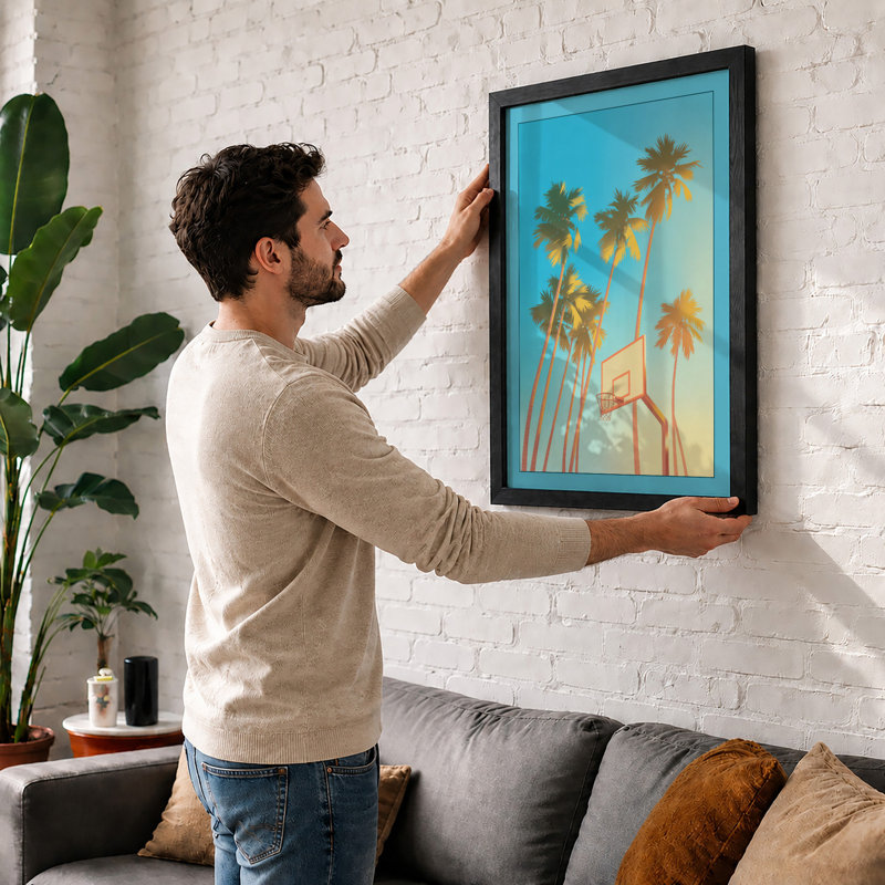 Palms and Hoops Coastal - Framed Print, A1 - 84.1 x 59.4 cm, Oak