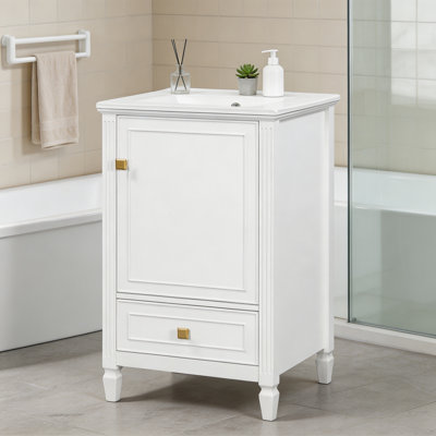 Meuble-lavabo autoportant blanc de 20 pouces avec lavabo en céramique; Armoire de rangement et support; Fabrication robuste Finition peinte lisse