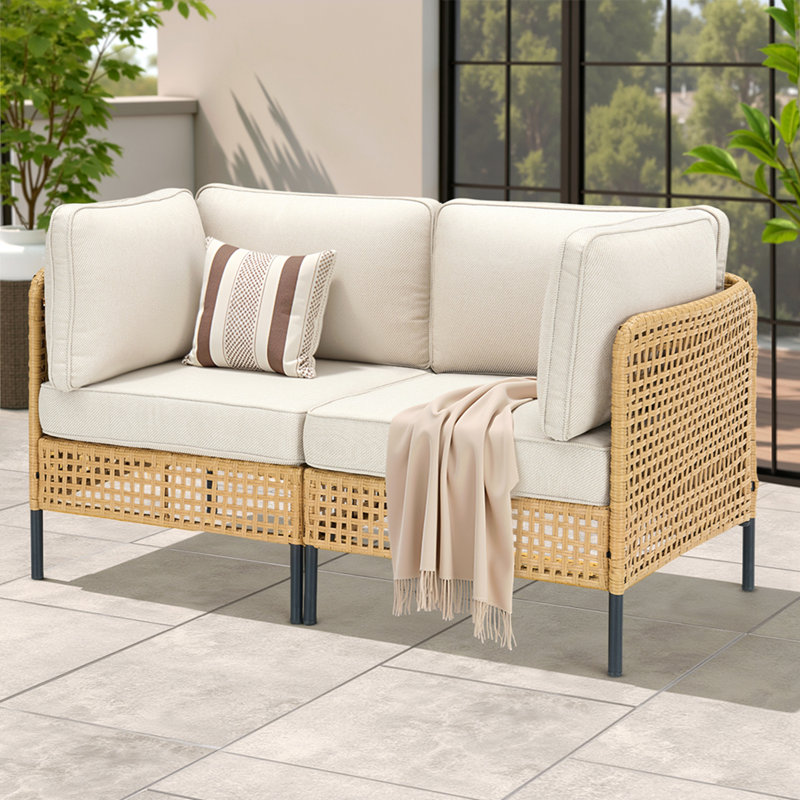 Ensemble de canapé modulaire d'extérieur en osier naturel avec coussins beiges Boho