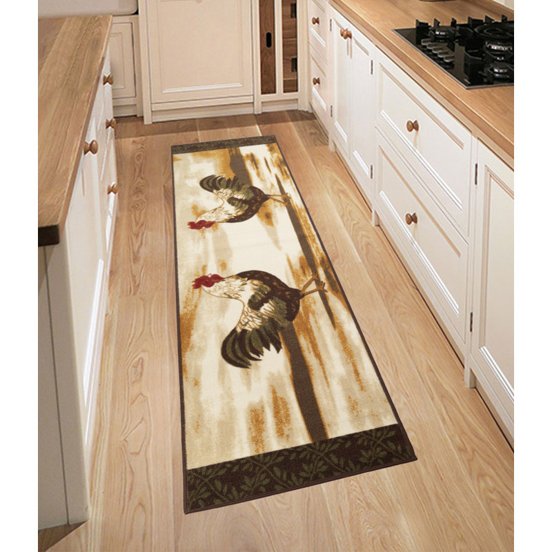 Machine Washable Printed Rooster Beige Brown Runner Rug and Mat, Runner 1'8" x 4'11"