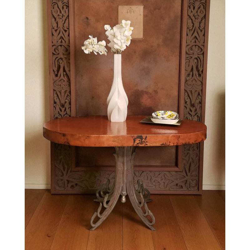 Modern Natural Hand Hammered Copper with Wrought Iron Oval Foyer Table
