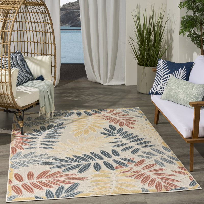 Floral Indoor/Outdoor Ivory Blue Area Rug, Rectangle 107 x 168 cm