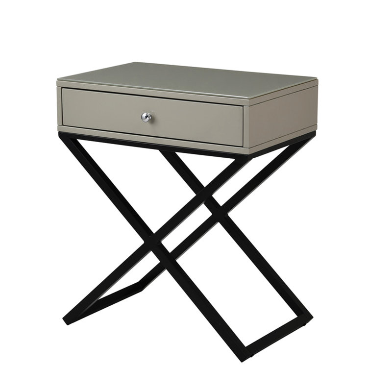 23" Taupe Wooden Nightstand With Glass Top, Drawer & Metal Cross Base End Table Glass, Drawer, Legs