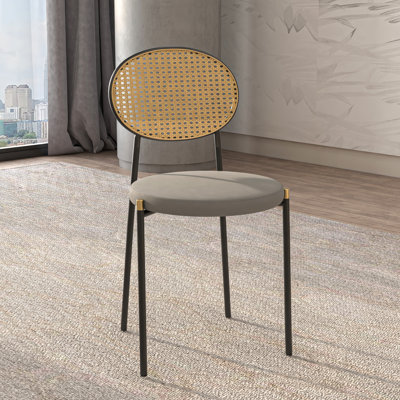 Aide Velvet/Leather Dining Side Chair with Rattan Back and Black Metal Legs – Mid-Century Boho Chair for Kitchen and Dining Room