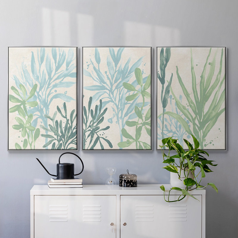 «Swaying Seagrass I», encadré sur toile, 3 pièces, H 24 po x l 48 po x P 2 po, Encadrement argenté
