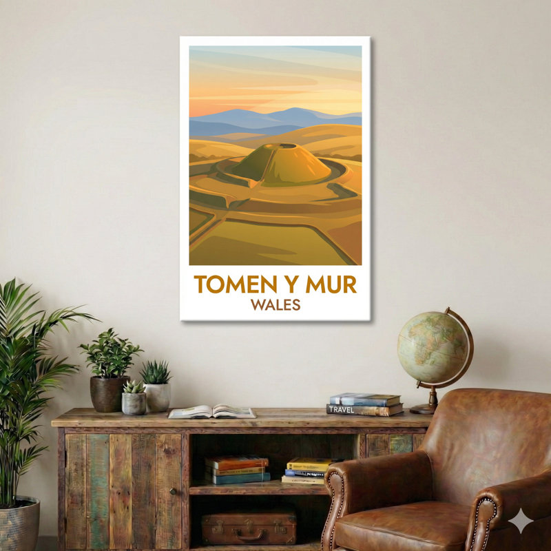 Tomen Y Mur, Wales - Ancient Hillfort At Dusk (Romantic Travel Poster). Giclee Print On Wrapped Canvas. Wall Art, Home Decor - Historic Sites & Ruins, Wales - Wrapped Canvas Print