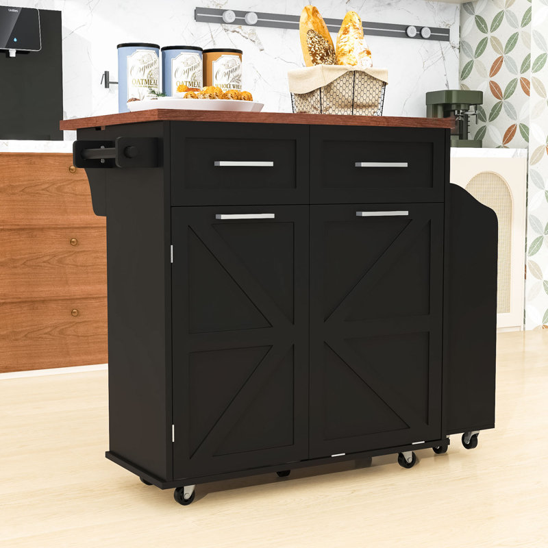 Elegant Kitchen Island with Removable Side Shelf, Tilt Trash Cabinet, Black