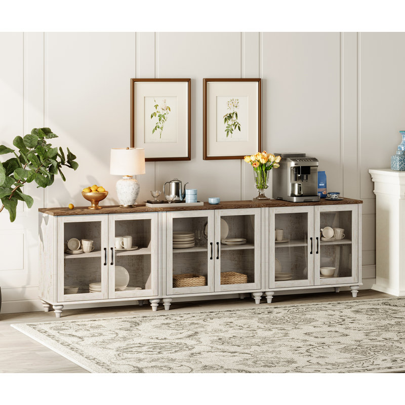 Buffet Corretta avec 6 portes en verre, armoire Buffet avec tablette réglable, Blanc rustique / brun