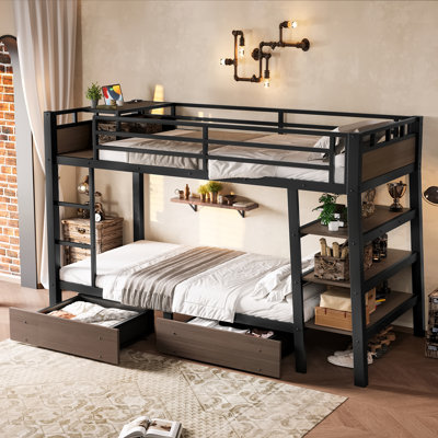 Full Size Metal Bunk Bed with Storage Drawers, Shelves & USB Ports, Black