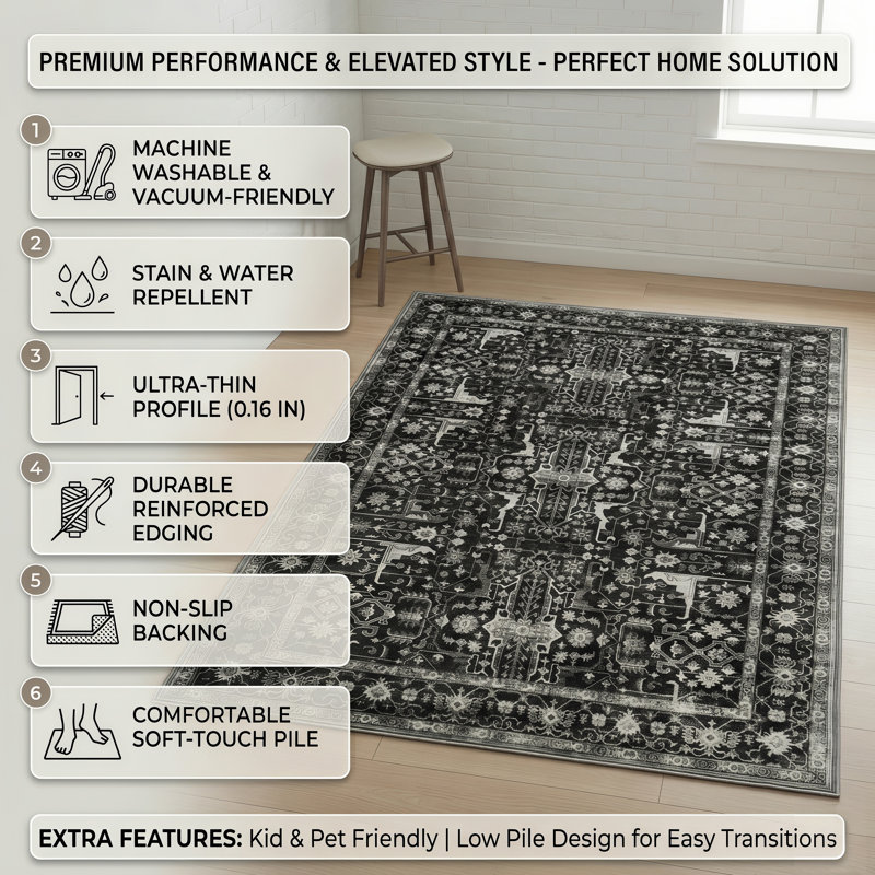 Machine Washable Vintage Oriental Area Rug Non-Slip Backing Black/Beige/Gray Indoor Carpet for Living Room, Bedroom, Hallway Runner