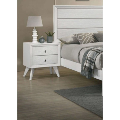 Table de chevet de chambre à coucher en blanc avec 2 tiroirs en bois massif, motif en coin et texture en bois bronze, coins, pieds angulaires