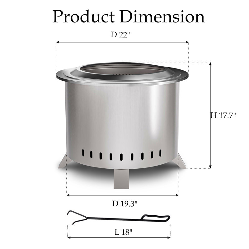 Stainless Steel 22" Portable Low Smoke Fire Pit with Cover & Poker