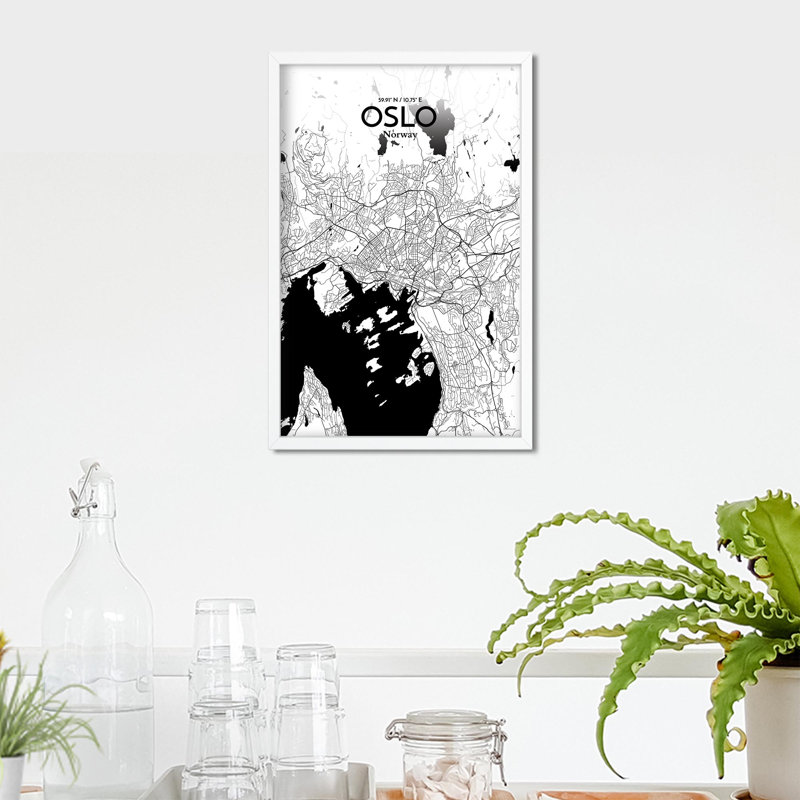 Oslo, carte de la ville, impression, H 17 po x l 11 po, Noir et blanc