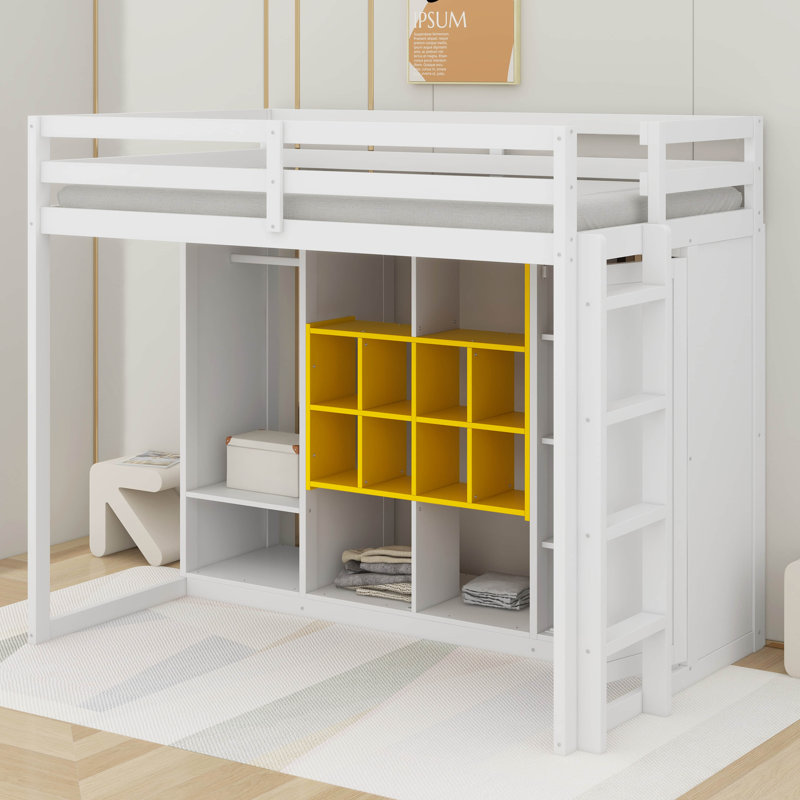 Lit mezzanine simple en bois avec garde-robe, tablettes et armoire, Blanc / jaune